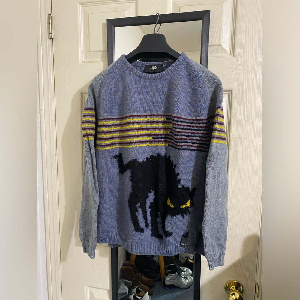 Authentic Fendi Black Monster Cat Intarsia Knitted Sweater
